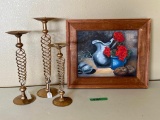 Metal Candle Holders & Framed Painting