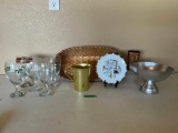Basket, Glass Goblets, Pedestal Bowl & Metal Pitcher