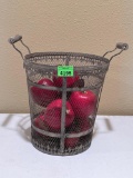 Faux Apples in Galvanized & Wire Basket