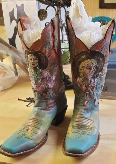 Womens Justin Boots handpainted by western artist Joni Johnson