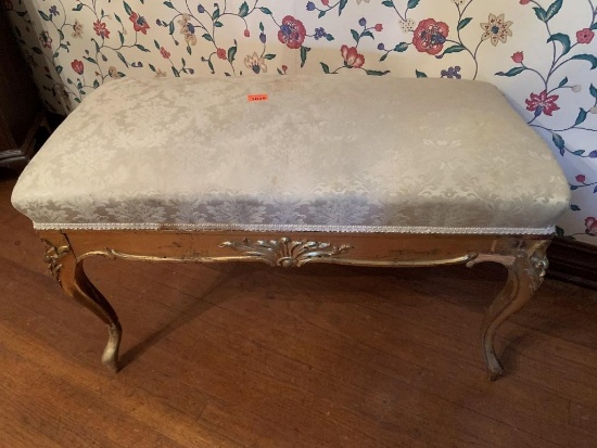 Oversized Gold-leaf Settee Bench covered in vintage Brocade. (1 leg needs repair)