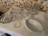 Variety of vintage clear glass and Wedgewood Ironstone.