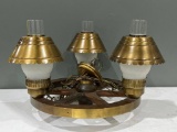 Wood & Brass Wagon Wheel Chandelier with Hurricane Shades