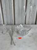 Champagne Flutes, Glass Candleholder & Glass Bowl