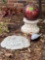 Mosaic Garden Gazing Ball, Concrete Pillar, Rose Stepping Stone & Glass Chicken