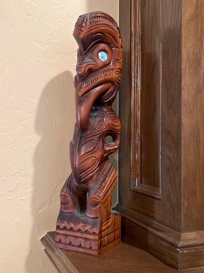 New Zealand Carved Maori Tiki Totem with Paua Shell Eyes