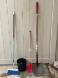 Shovels, Scrub Brush & Plastic Flower Pot