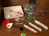 Measuring Spoons, Scoops & Cup, with Chip Clips & Vintage Vaseline Glass Juicer