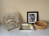 Ceramic & Glass Platters, Ceramic Bread Basket & Chicken Framed Art