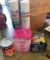 Paint Supplies, small pink shelf, light decor...
