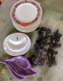 Set of Plates with Flower Decoration, Purple Ceramic Leaf Plate, and black ceramic leaves...