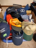 Various hats and laundry basket