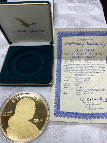 Giant quarter-pound Golden Proof 999 pure silver layered with genuine 24 k. G. Diameter 3.5 inchs
