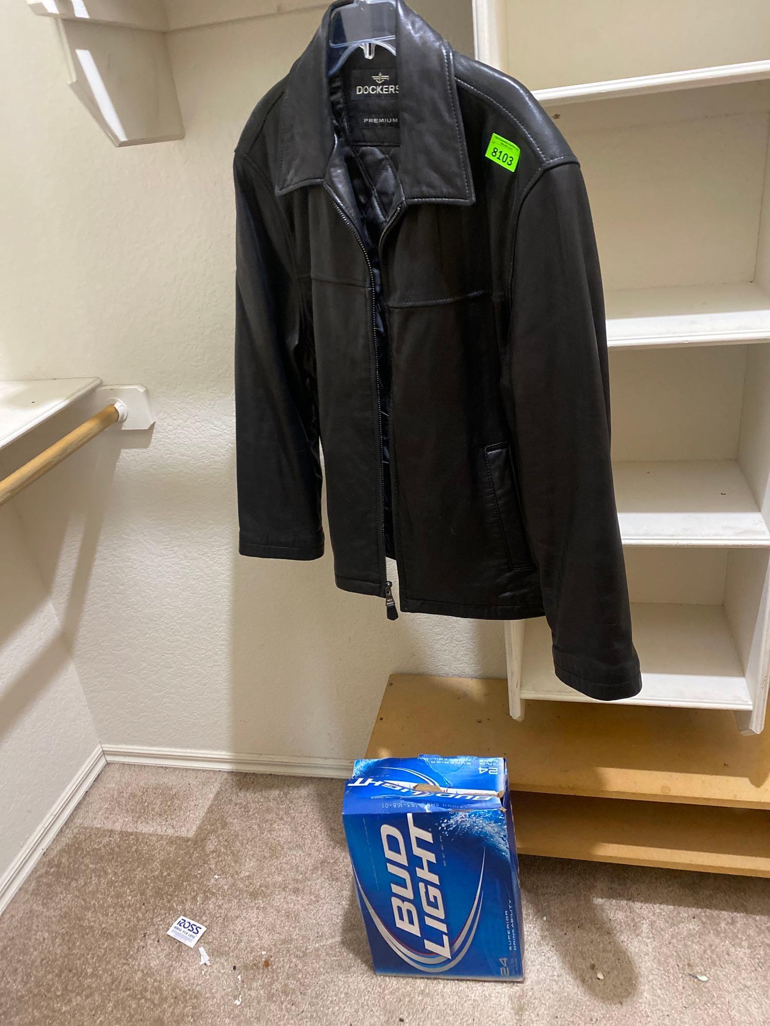 Dockers black leather jacket with Bud Light beer | Proxibid