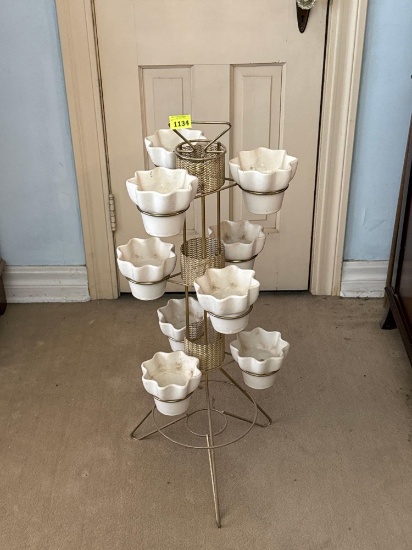 Mid-Century Modern Hull Pottery Gold Metal Plant Stand with Pots