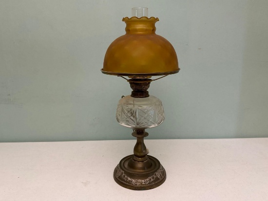 Brass & Glass Oil-Style Electric Lamp with Frosted Amber Shade