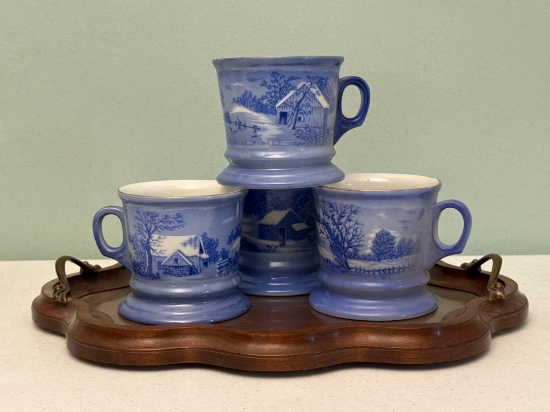 Currier & Ives Coffee Mugs & Wood Serving Tray