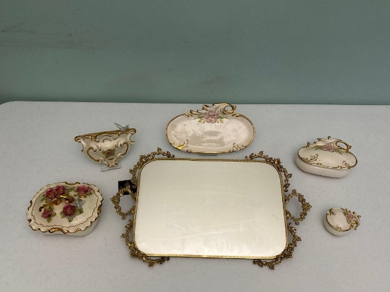 24 Karat Gold Plated Mirrored Tray & Ceramic Dishes