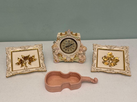 Porcelain Cherub Clock, Violin-Shaped Dish & Gold Floral Wall Decor