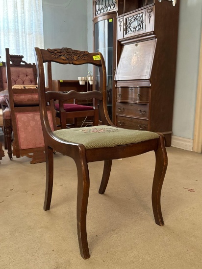 Antique Wood Chair with Needlepoint Seat