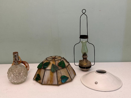 Cut Glass Lamp, Stained Glass Lamp Shade & Oil Lamp