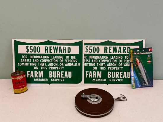 Lufkin Tape Measure, Gun Oil, Electronic Minnow Lure & Farm Bureau Signs