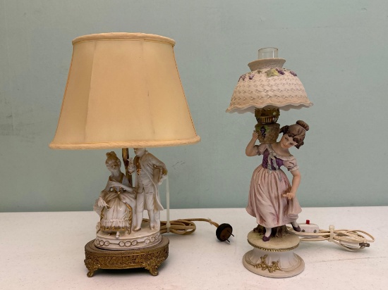 White & Gold Porcelain Colonial Couple Lamp & Lady with Grapes Bisque Lamp