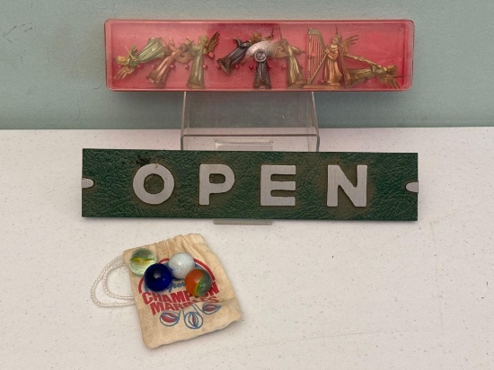 Vintage Open/Closed Metal Sign, Marbles & Angel Figurines