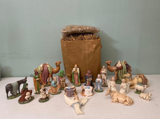 Hand Painted Nativity Figurines & Bag of Hay