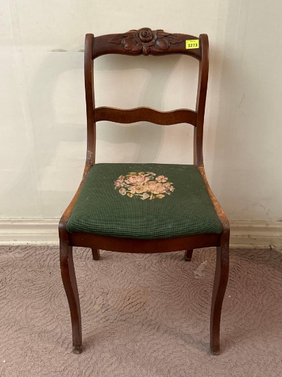 Vintage Carved Wood Chair with Floral Needlepoint Seat