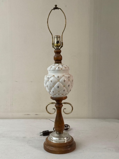 Mid-Century Quilted Pineapple Milkglass & Wood Lamp