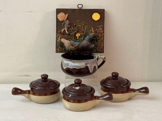 Stoneware Crock and Bean Pots & Vintage Holly Hobbie 3-D Layered Art