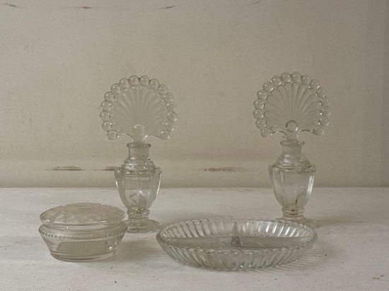 Perfume Bottles, Cut Glass Dish with Lid & Glass Relish Dish