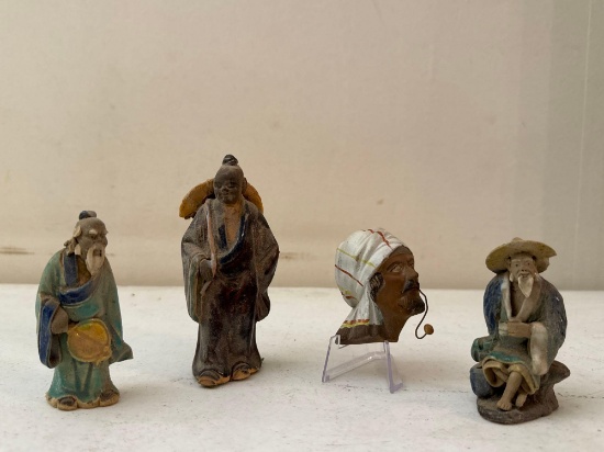 Vintage Chinese Mudman Figurines & Mexican Chalkware Mini Bust