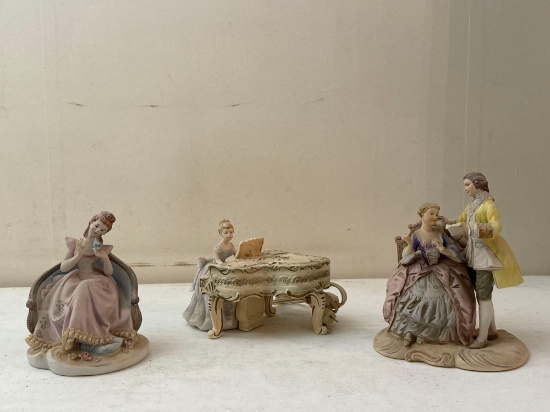 Vintage Porcelain Pianist Light, Porcelain Victorian Lady on Settee & Porcelain Couple