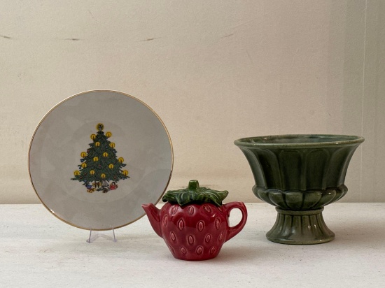 Vintage Cemar Pottery Strawberry Teapot, BC Clark 120th Anniversary Plate & FTD Pedestal Planter