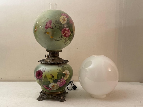 Vintage Kerosene Style Electric Lamp with Floral Globe