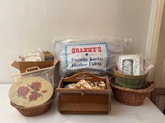 Sewing & Needlework Supplies with Baskets & Caddy, Buttons & Pillow