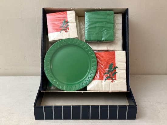 Vintage Red & Green Holly Paper Napkins, Plastic Plates, Utensils & Cups