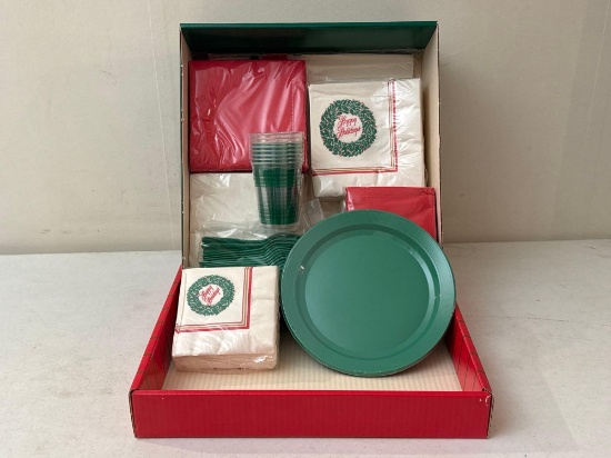 Vintage Red & Green Wreath Paper Table Cloth, Napkins, Plastic Cups & Utensils