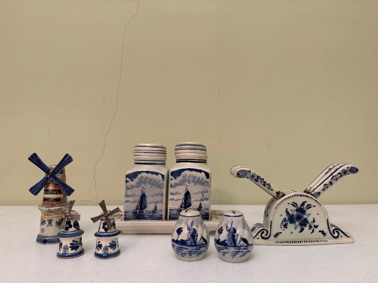 Delft Blue Hand Painted Salt & Pepper Shakers, Liqueur Bottle & Butter Knife Set