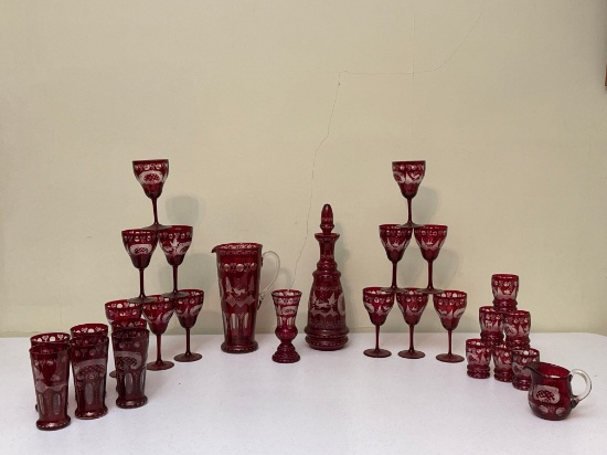 Vintage Egermann Red Ruby Czech Bohemian Glass Set