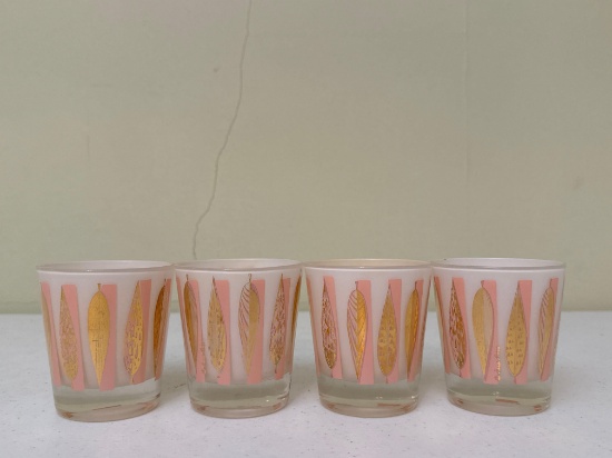Mid Century Modern Fred Press Pink & Gold Leaf Low Ball Glasses