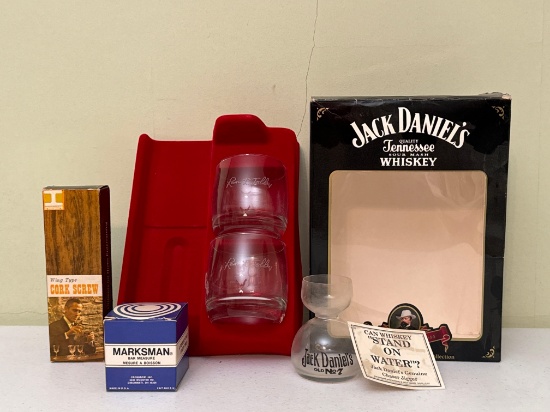 Lem L. Tolley Whiskey Glasses, Jack Daniels Jigger & Corkscrew