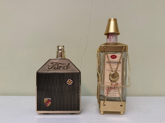 Vintage Mr. Tilford Whiskey Bottle Music Box & Ford Radiator Grill Decanter Music Box