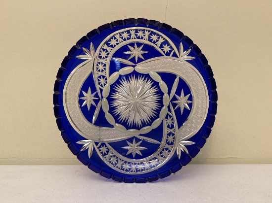 Vintage Bohemian Cobalt Blue Crystal Cut Glass Platter