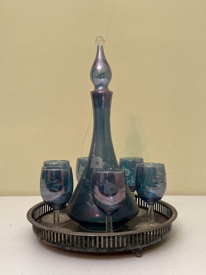 Vintage Blue/Purple Iridescent Floral Etched Glass Decanter & Wine Glasses