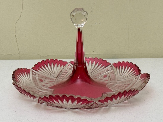 Vintage Cranberry Cut Glass Relish Tray