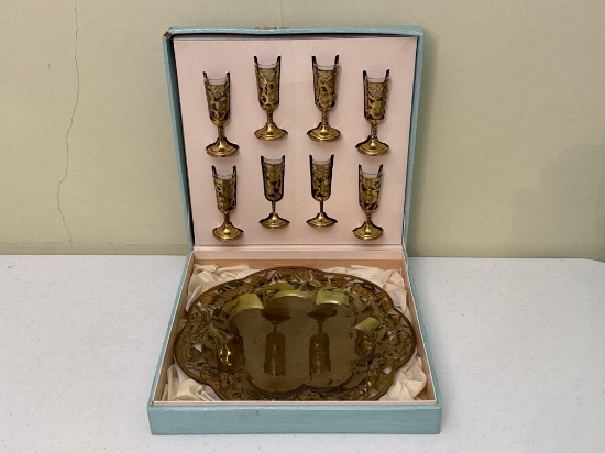 Vintage Cordial Glasses with Brass Overlay and Serving Tray
