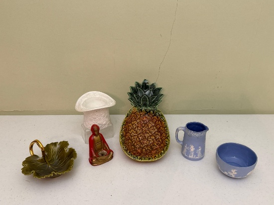 Fenton Milk Glass Top Hat, Ceramic Pineapple Bowl & Leaf Dish